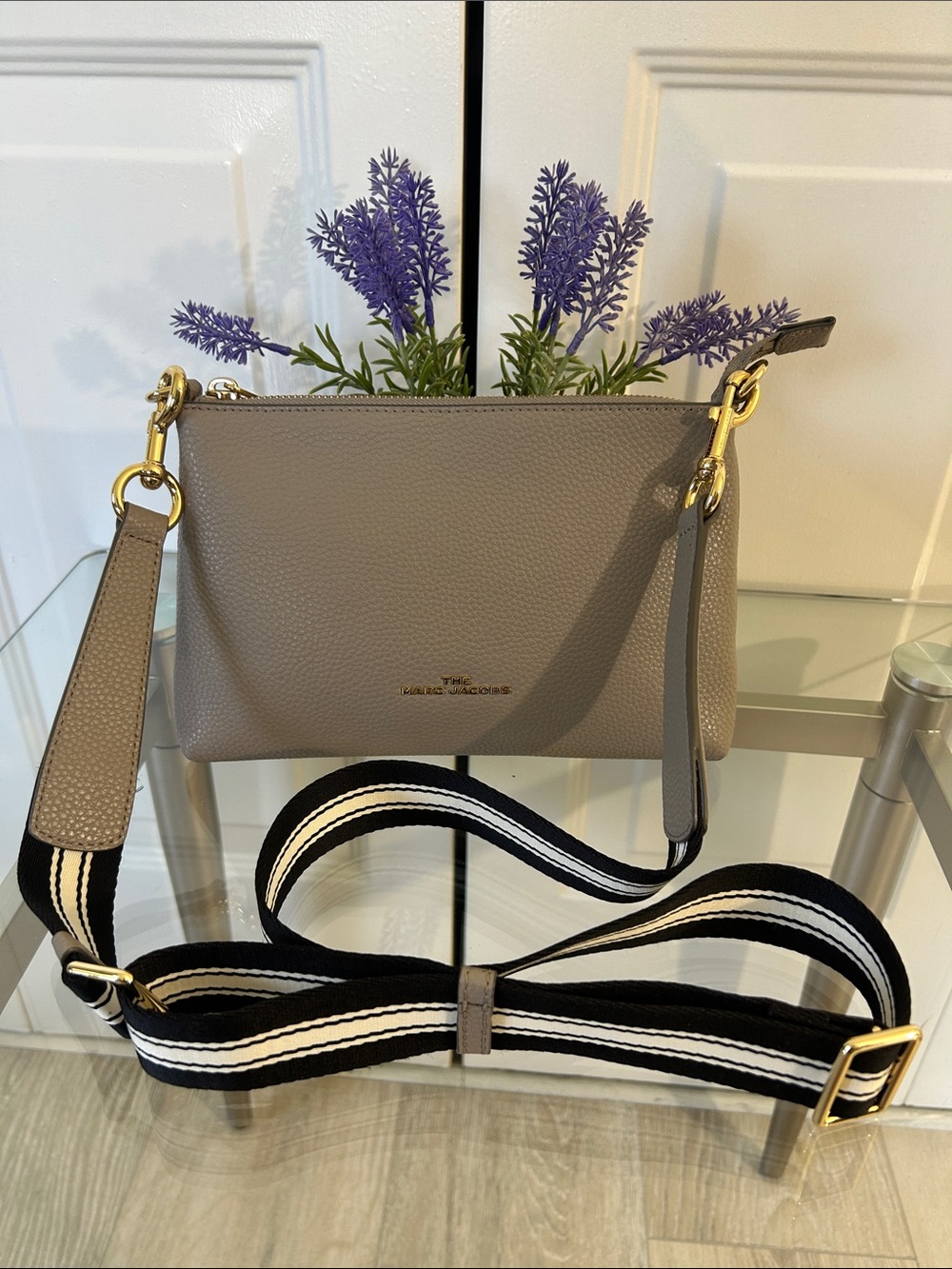 Marc Jacobs Taupe Pebbled Leather Crossbody with Black Strap and Gold Hardware